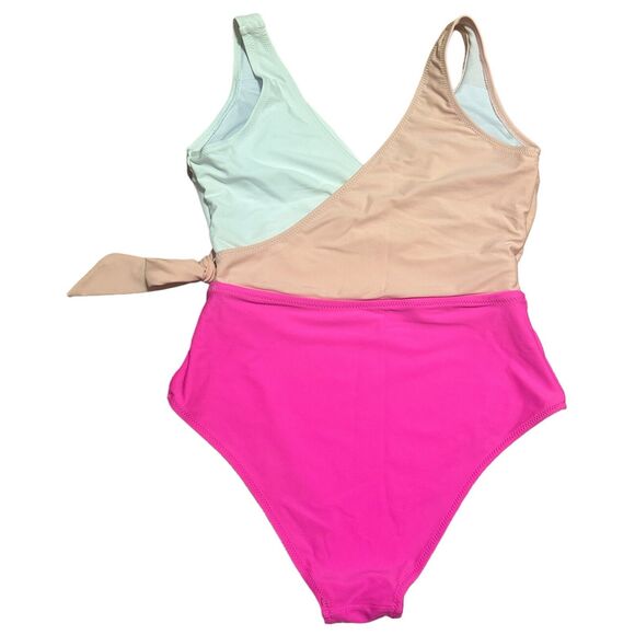SweatyRocks Colorblock One Piece Swimsuit Size M Wrap Tie Waist Pink Barbiecore - Picture 5 of 9